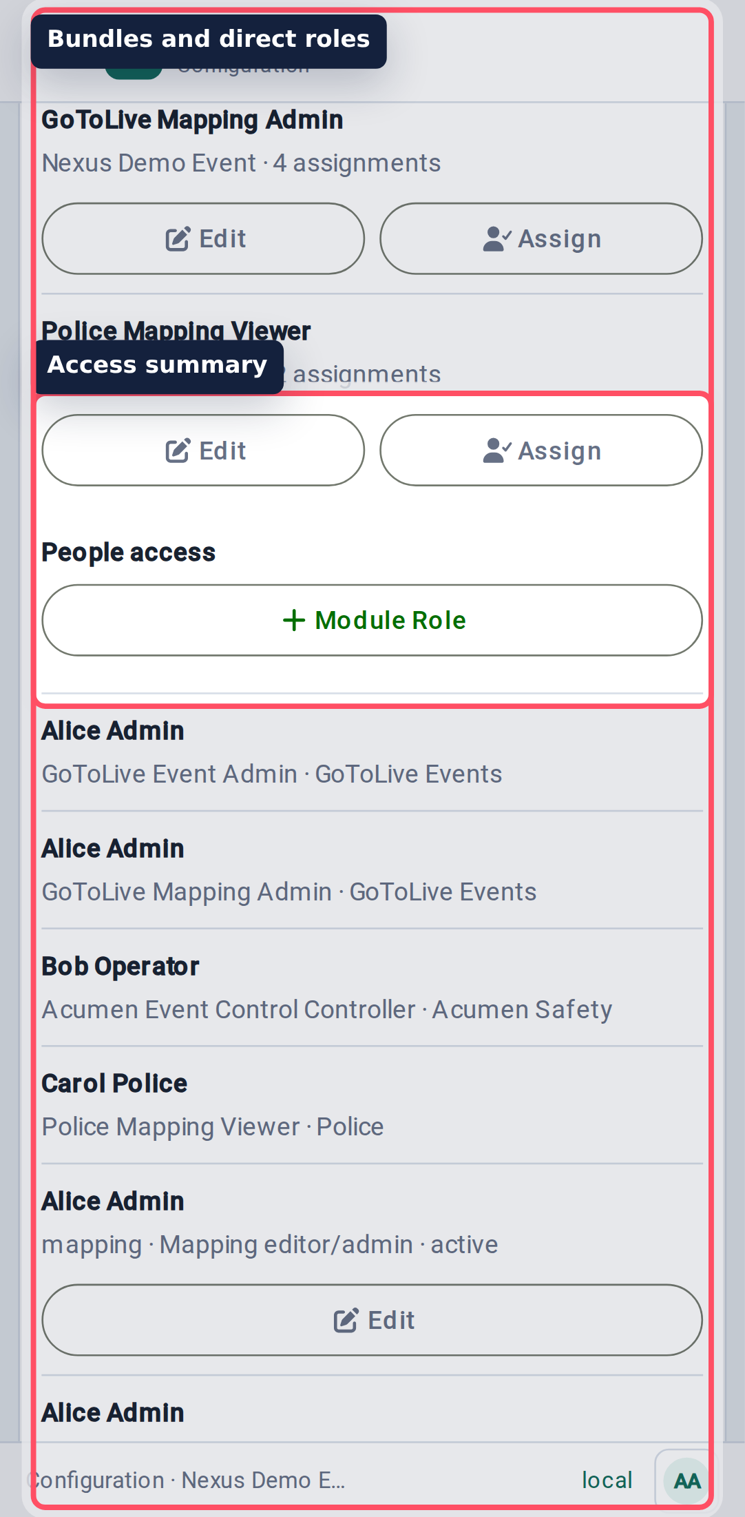 Configure event access mobile view