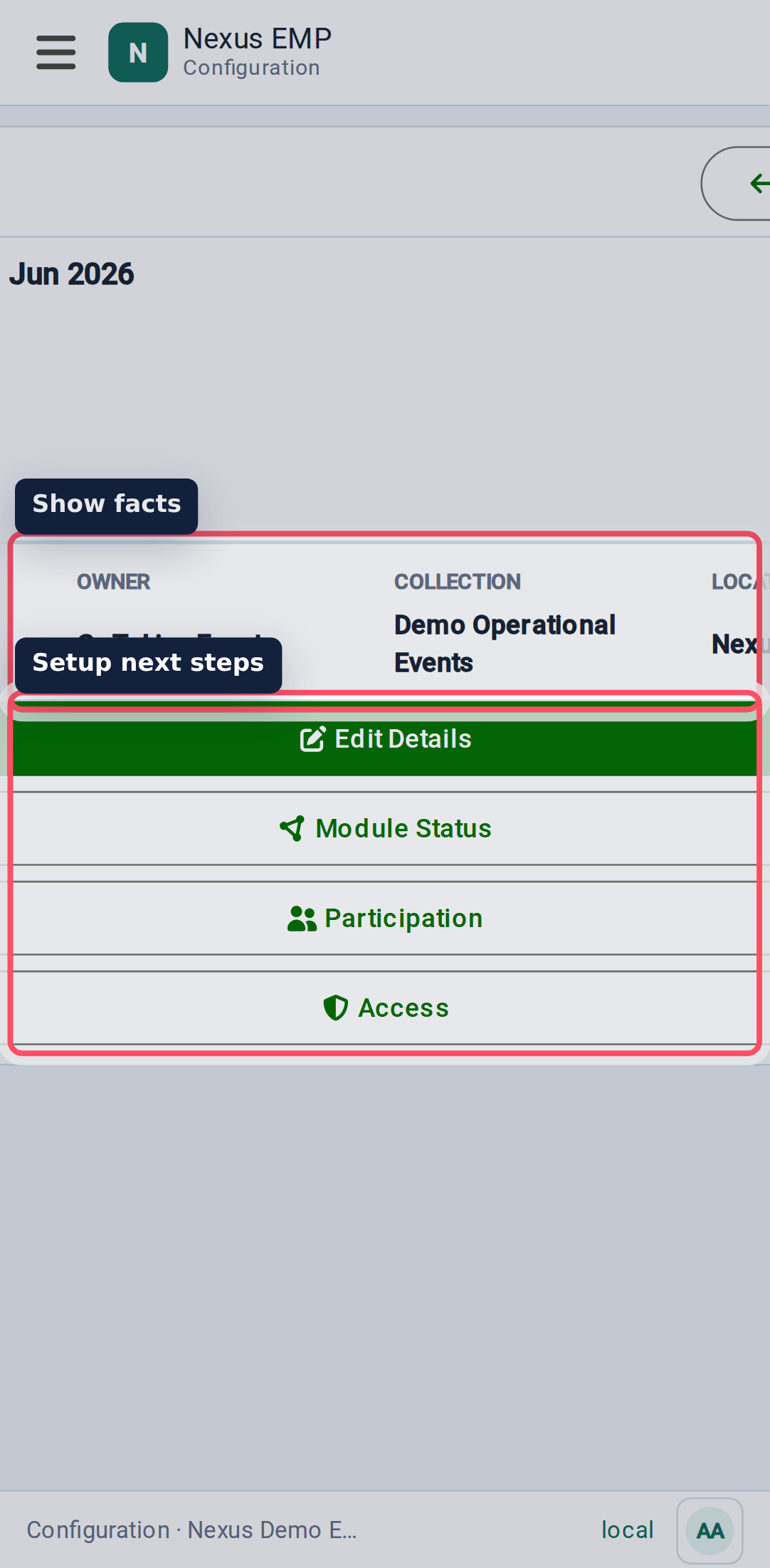 Configure event overview mobile view