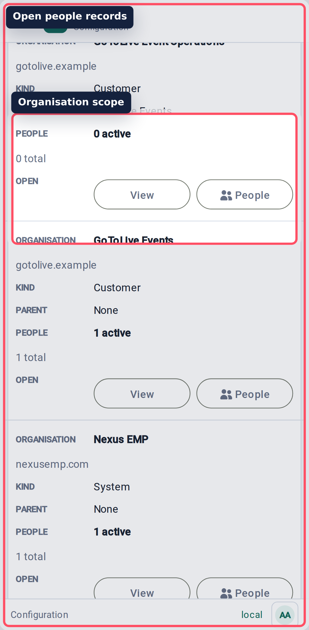 Configure organisations list mobile view