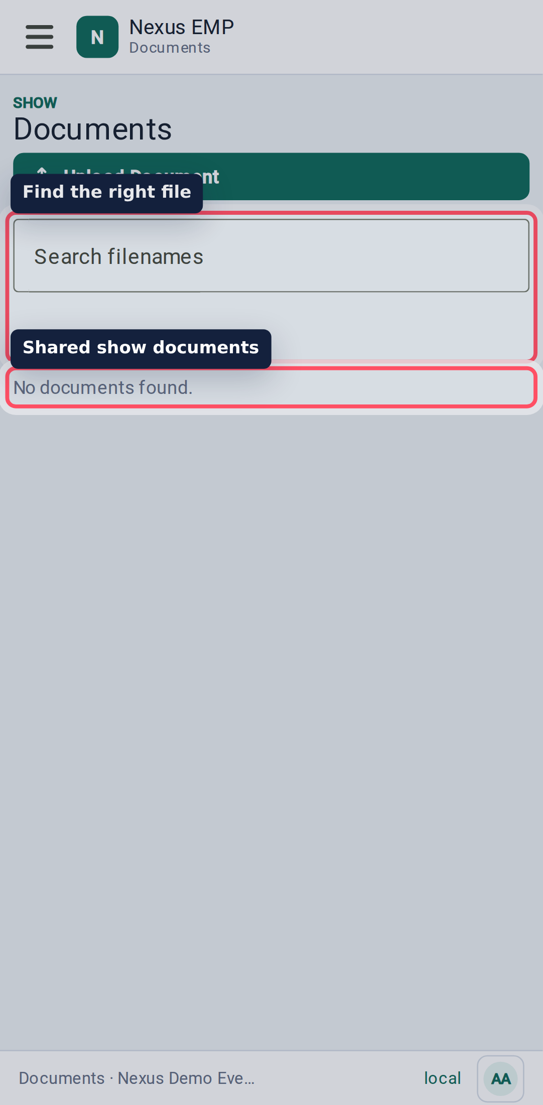 Documents workspace mobile view