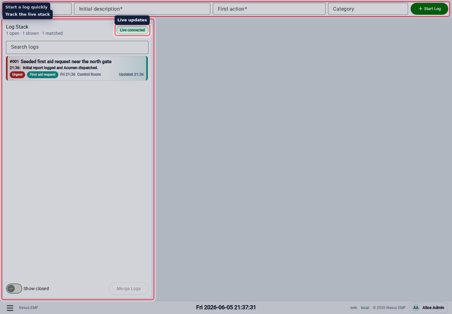 Event Control workspace desktop view