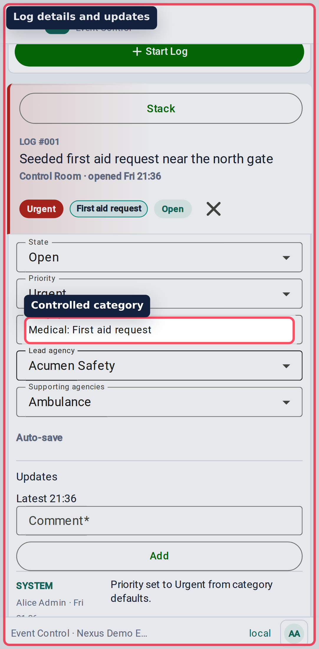 Event Control log detail mobile view