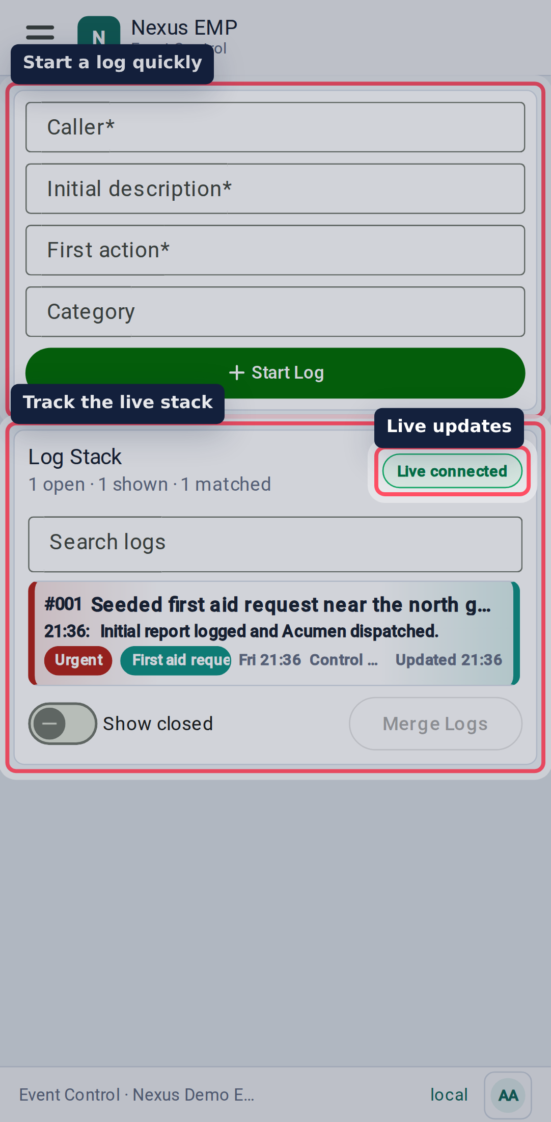 Event Control workspace mobile view