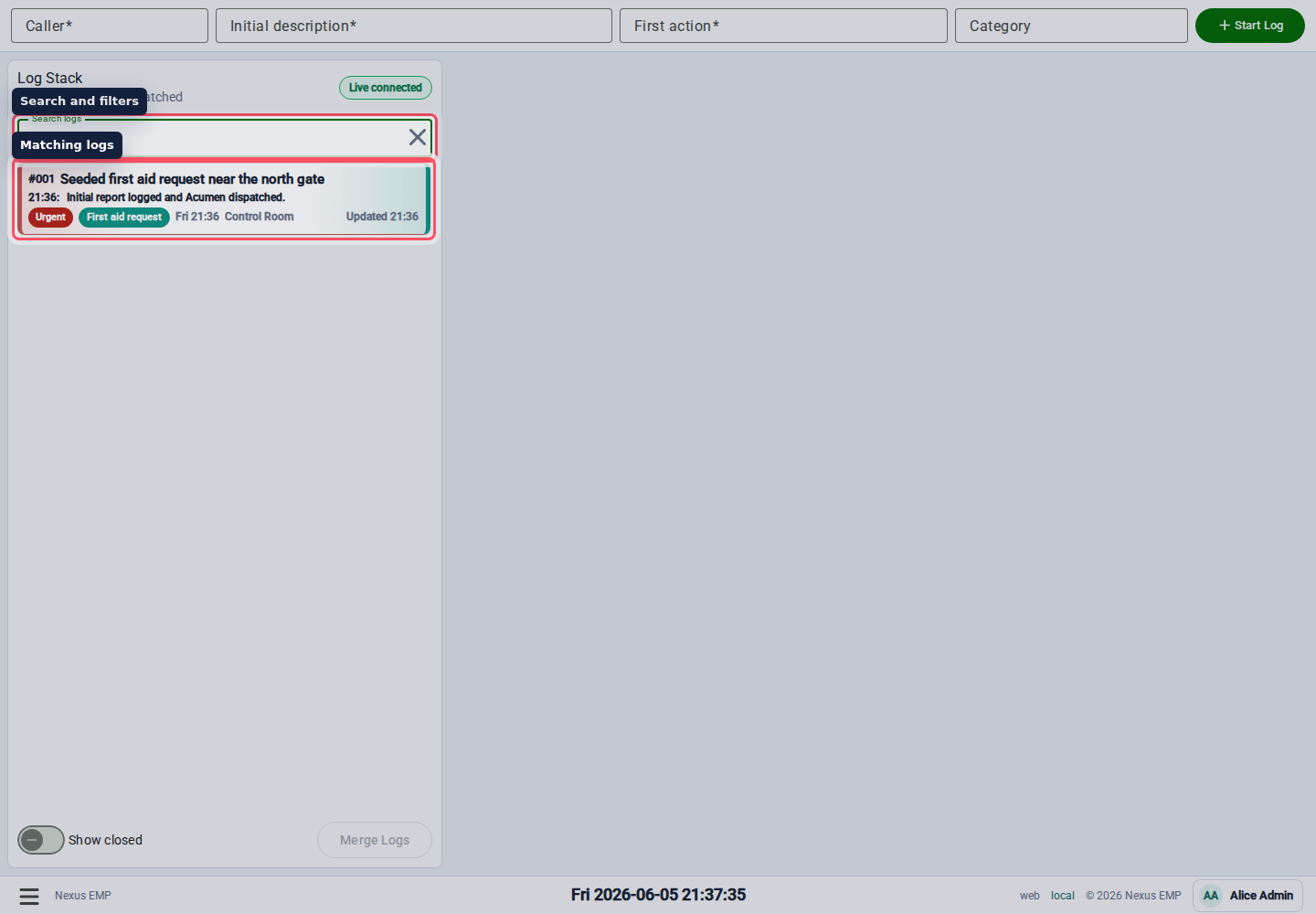 Event Control search desktop view