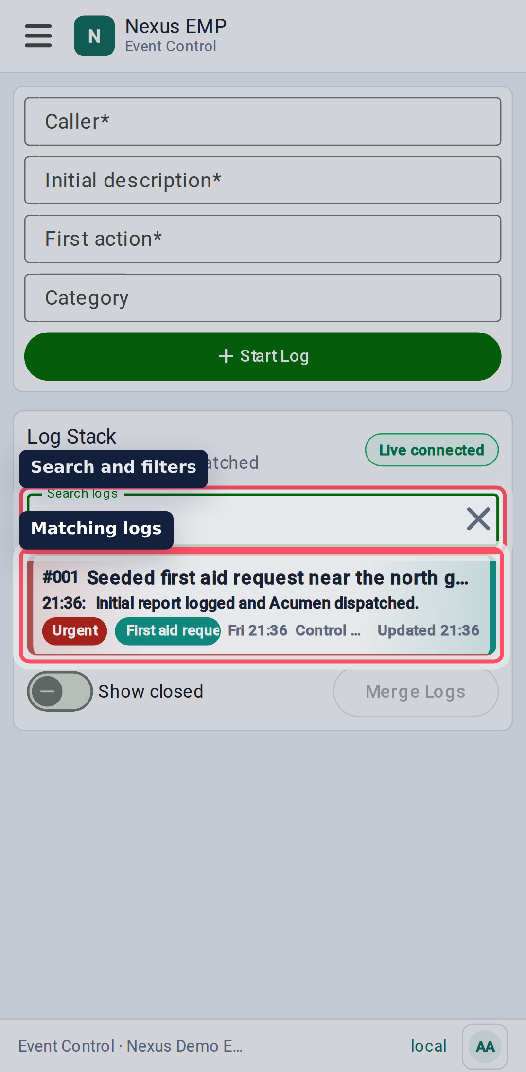 Event Control search mobile view