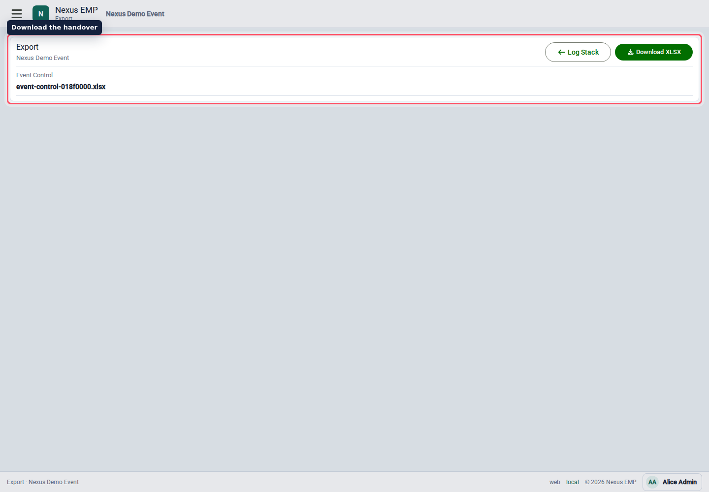 Event Control export page desktop view